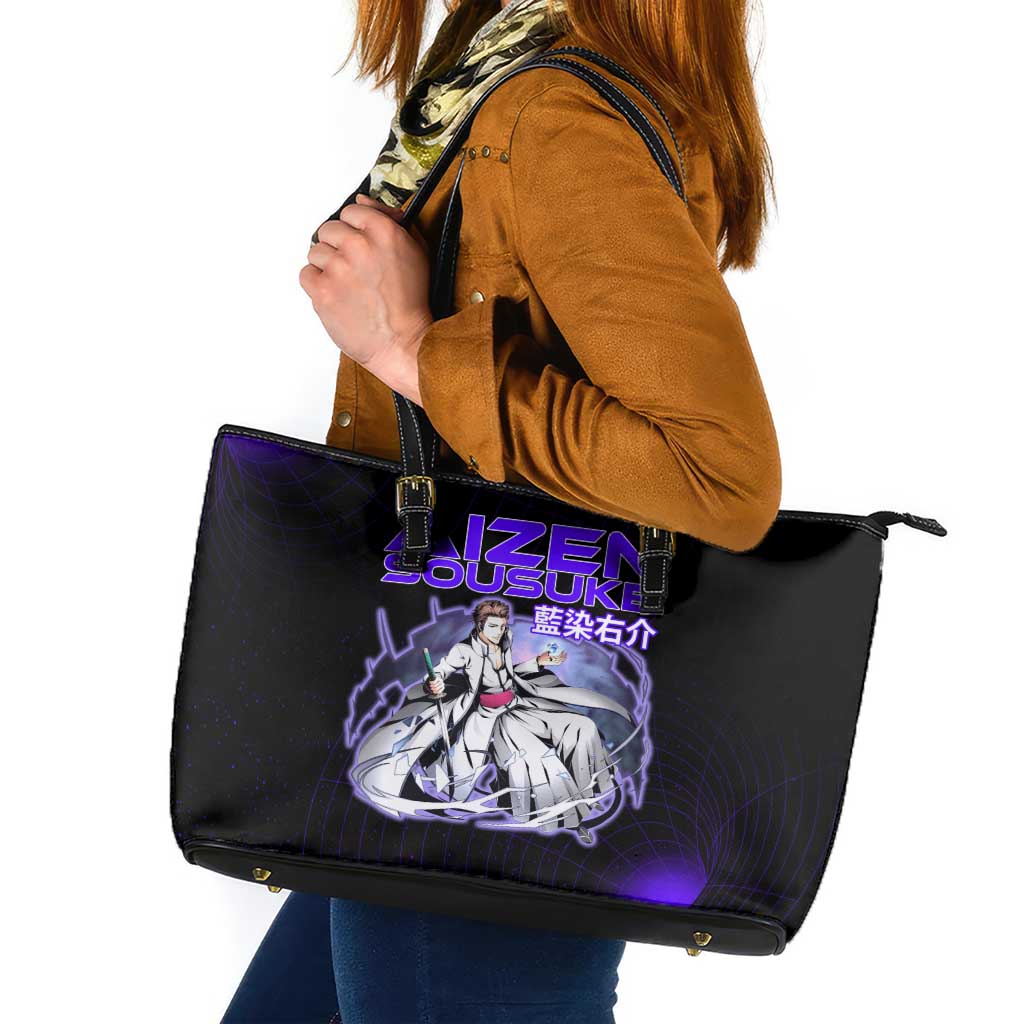 Aizen Sousuke Bleach Leather Tote Bag Cosmic Anime Energy Grid Style