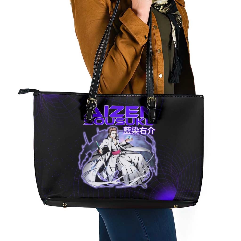 Aizen Sousuke Bleach Leather Tote Bag Cosmic Anime Energy Grid Style