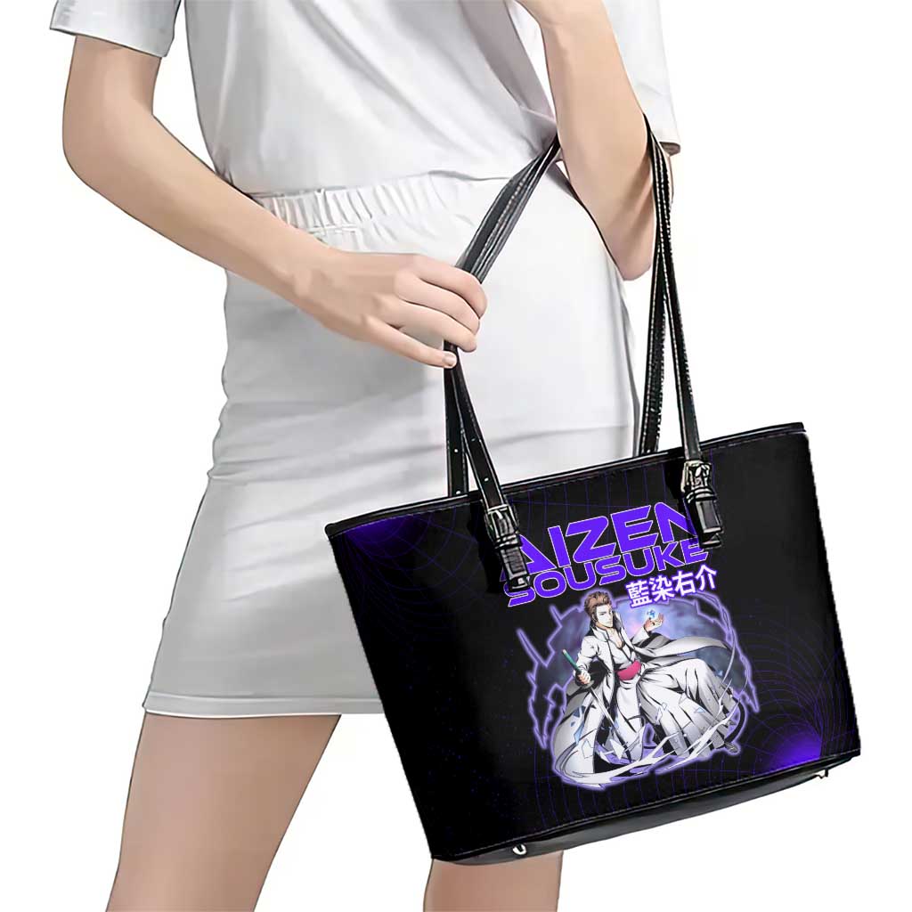 Aizen Sousuke Bleach Leather Tote Bag Cosmic Anime Energy Grid Style