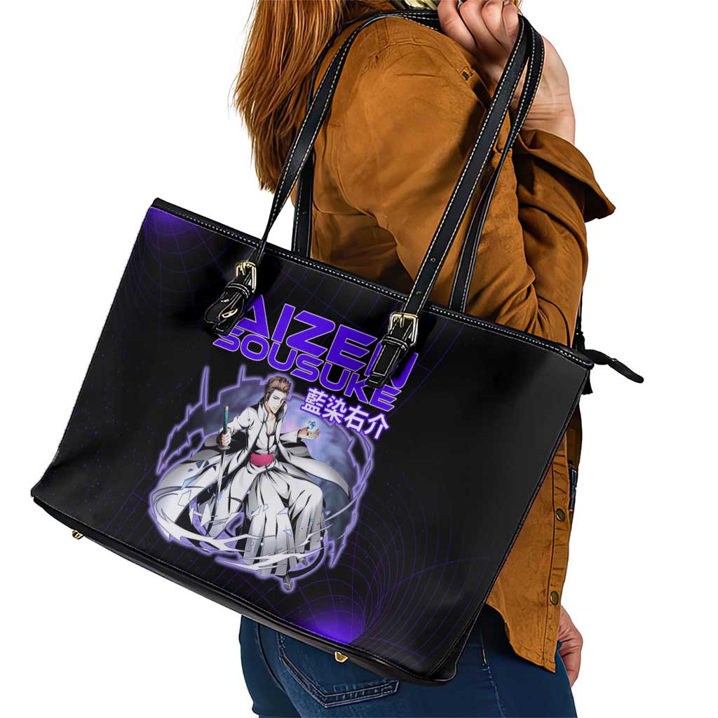 Aizen Sousuke Bleach Leather Tote Bag Cosmic Anime Energy Grid Style