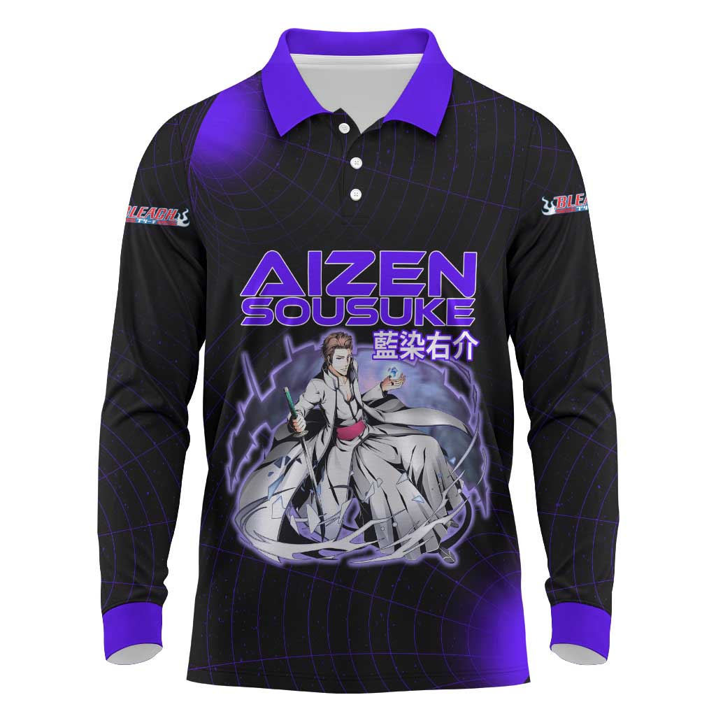 Aizen Sousuke Bleach Long Sleeve Polo Shirt Cosmic Anime Energy Grid Style