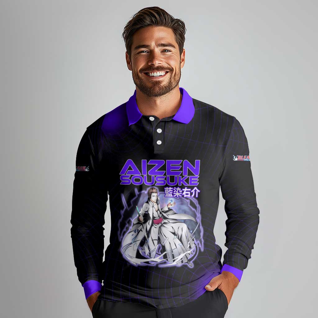 Aizen Sousuke Bleach Long Sleeve Polo Shirt Cosmic Anime Energy Grid Style
