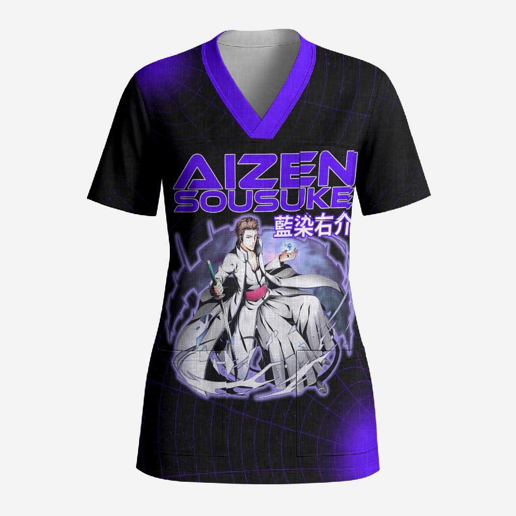 Aizen Sousuke Bleach Scrub Top Cosmic Anime Energy Grid Style