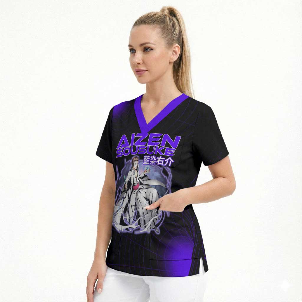 Aizen Sousuke Bleach Scrub Top Cosmic Anime Energy Grid Style