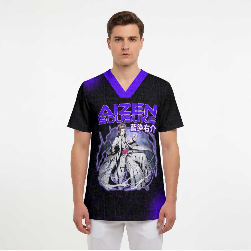Aizen Sousuke Bleach Scrub Top Cosmic Anime Energy Grid Style
