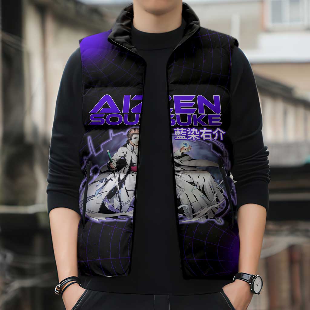 Aizen Sousuke Bleach Sleeveless Puffer Jacket Cosmic Anime Energy Grid Style