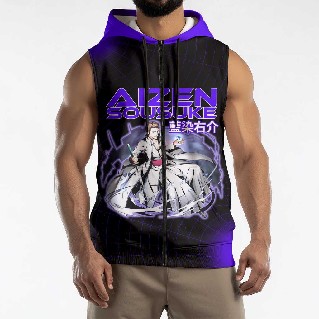 Aizen Sousuke Bleach Sleeveless Zip Hoodie Cosmic Anime Energy Grid Style