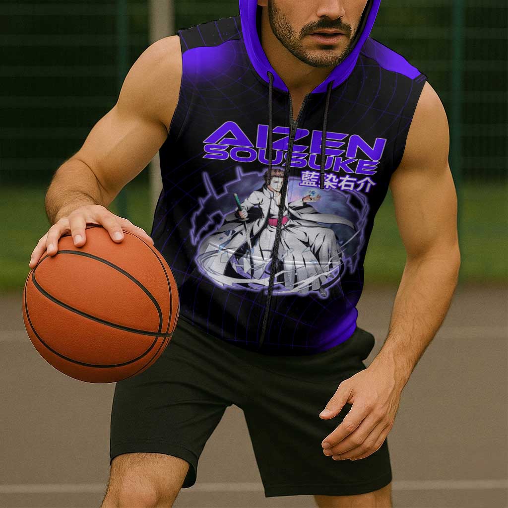 Aizen Sousuke Bleach Sleeveless Zip Hoodie Cosmic Anime Energy Grid Style