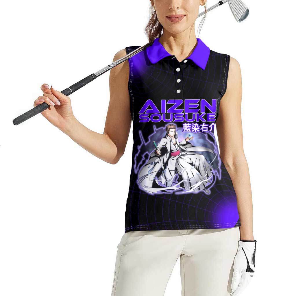 Aizen Sousuke Bleach Women Sleeveless Polo Shirt Cosmic Anime Energy Grid Style