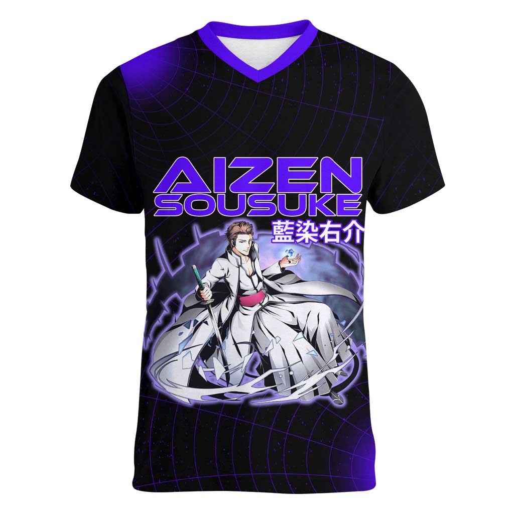 Aizen Sousuke Bleach Women V-Neck T-Shirt Cosmic Anime Energy Grid Style