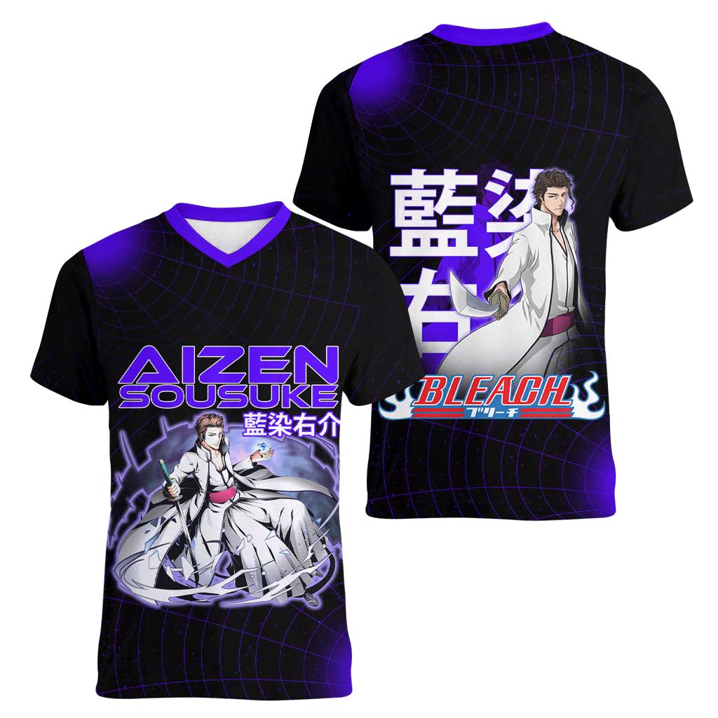Aizen Sousuke Bleach Women V-Neck T-Shirt Cosmic Anime Energy Grid Style