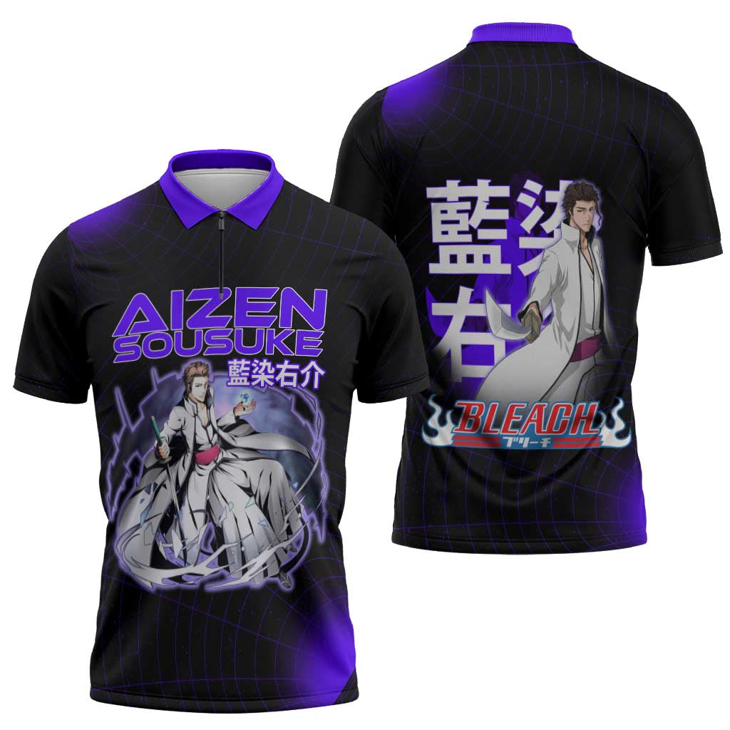 Aizen Sousuke Bleach Zipper Polo Shirt Cosmic Anime Energy Grid Style