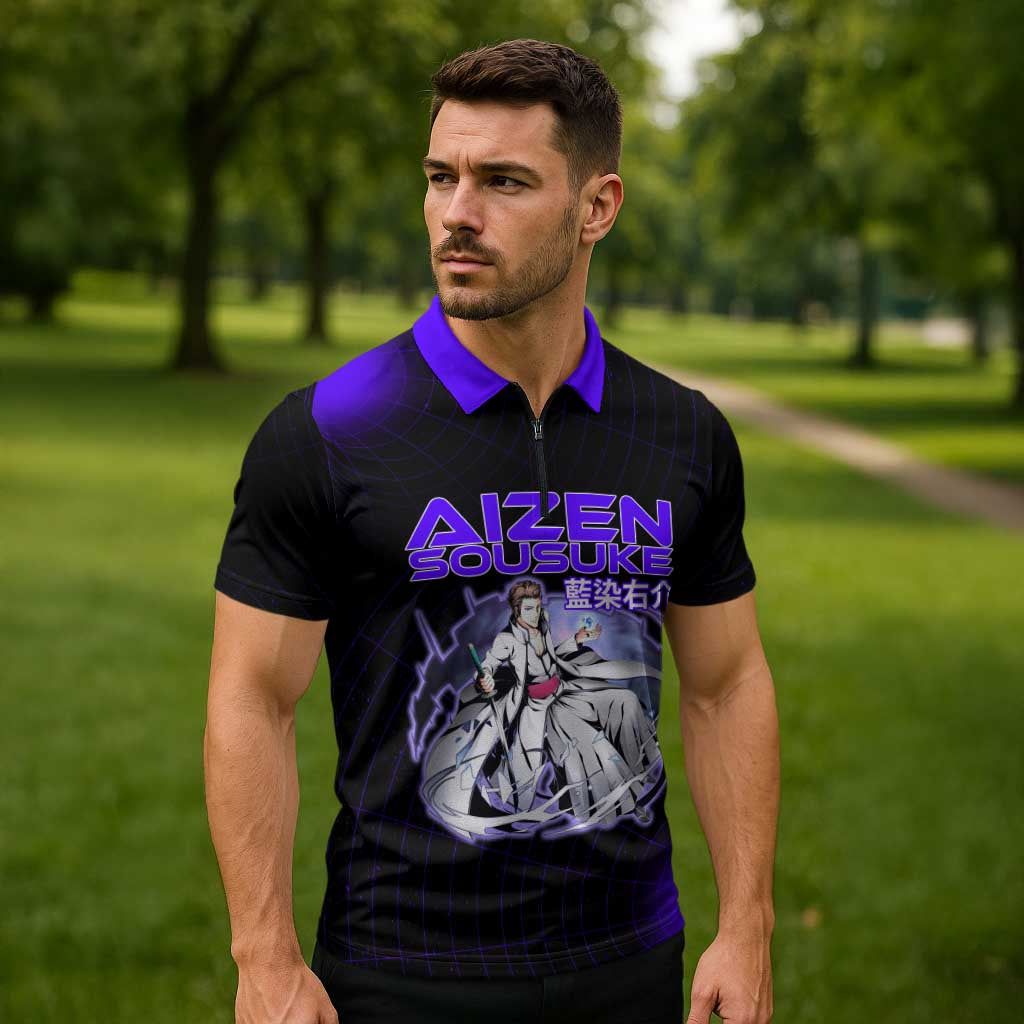 Aizen Sousuke Bleach Zipper Polo Shirt Cosmic Anime Energy Grid Style