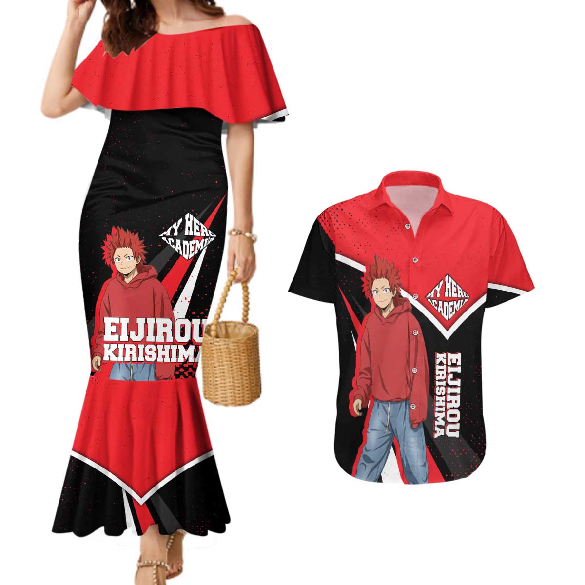 Eijirou Kirishima My Hero Academia Couples Matching Mermaid Dress and Hawaiian Shirt Bold Comic-Inspired Anime Style