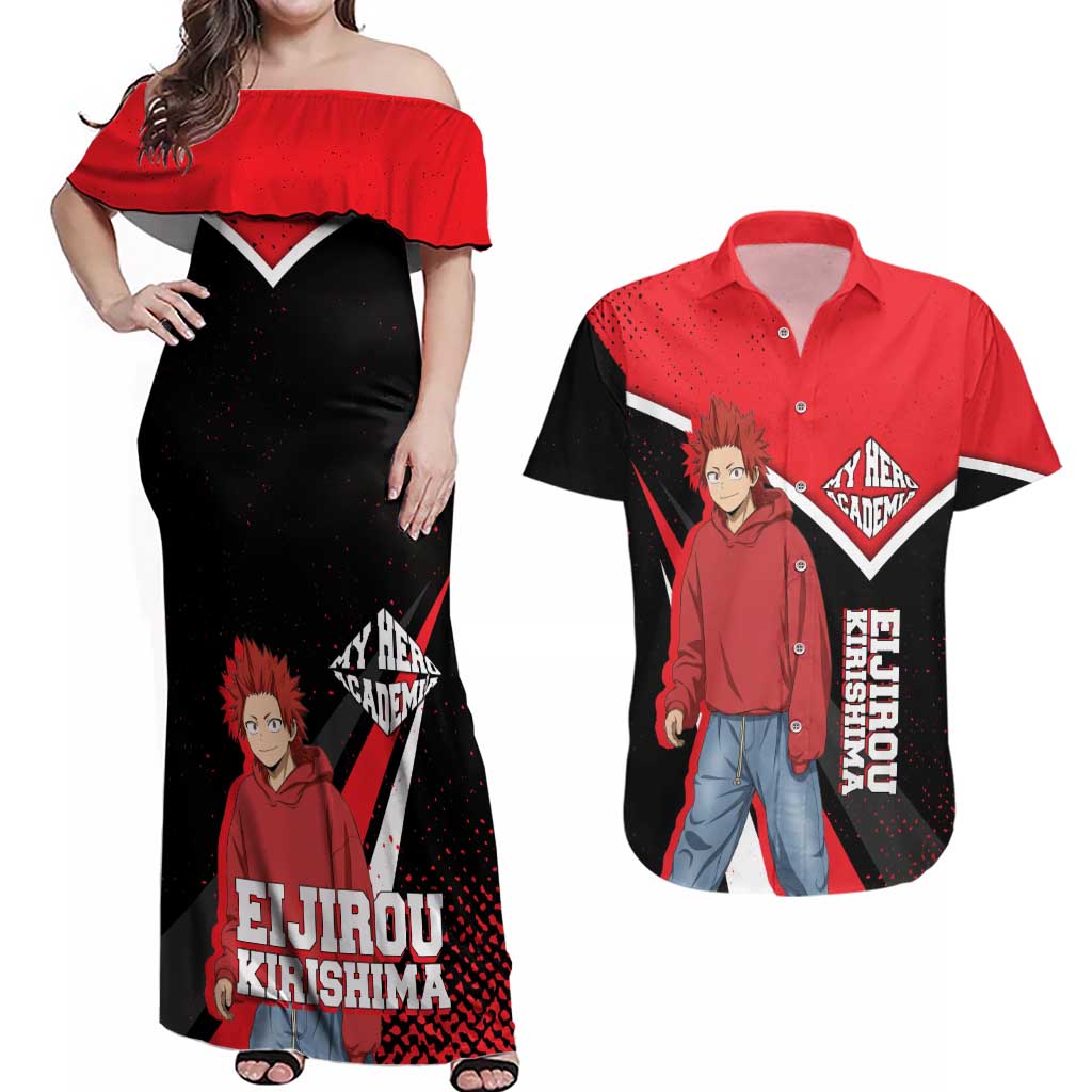 Eijirou Kirishima My Hero Academia Couples Matching Off Shoulder Maxi Dress and Hawaiian Shirt Bold Comic-Inspired Anime Style