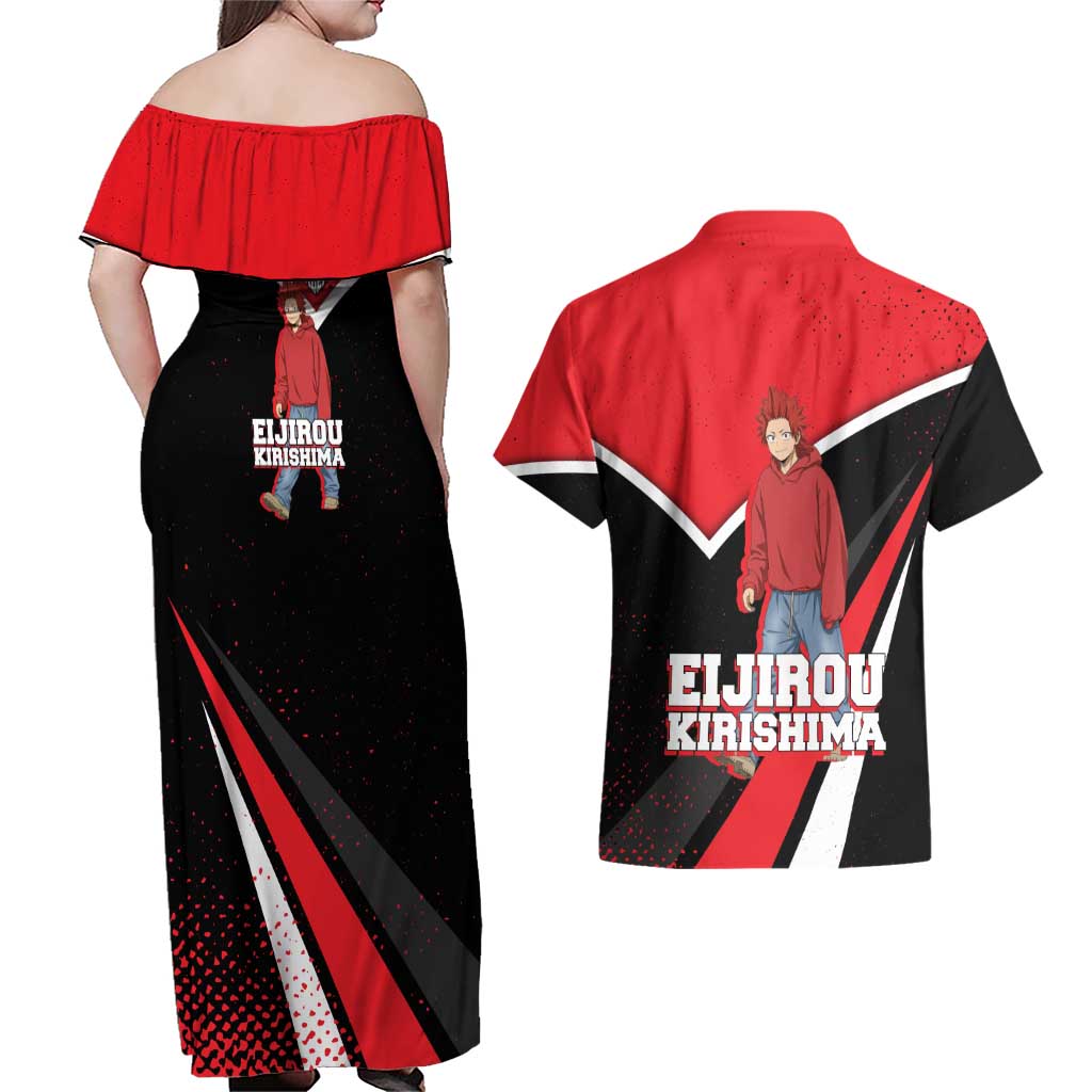 Eijirou Kirishima My Hero Academia Couples Matching Off Shoulder Maxi Dress and Hawaiian Shirt Bold Comic-Inspired Anime Style