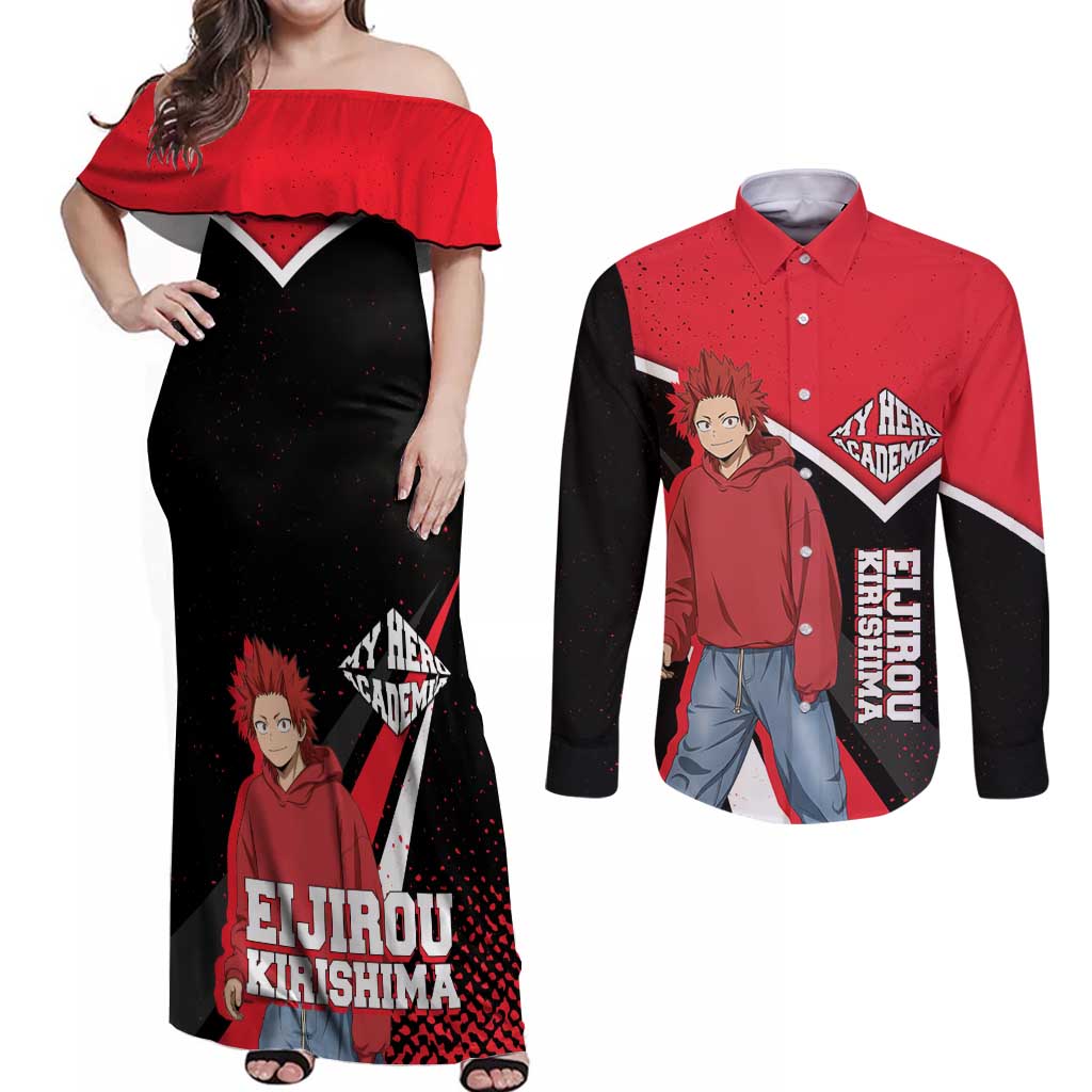 Eijirou Kirishima My Hero Academia Couples Matching Off Shoulder Maxi Dress and Long Sleeve Button Shirt Bold Comic-Inspired Anime Style