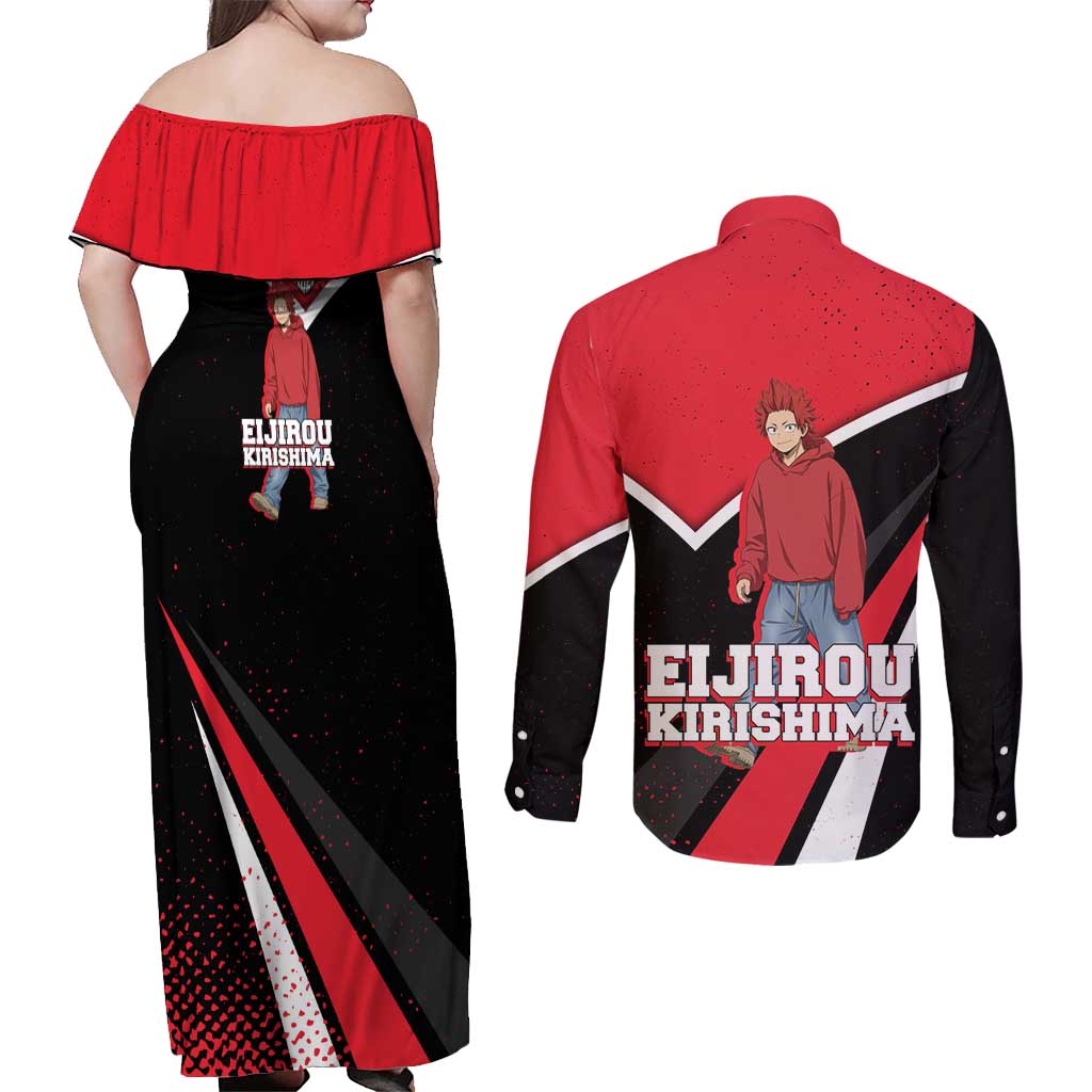 Eijirou Kirishima My Hero Academia Couples Matching Off Shoulder Maxi Dress and Long Sleeve Button Shirt Bold Comic-Inspired Anime Style
