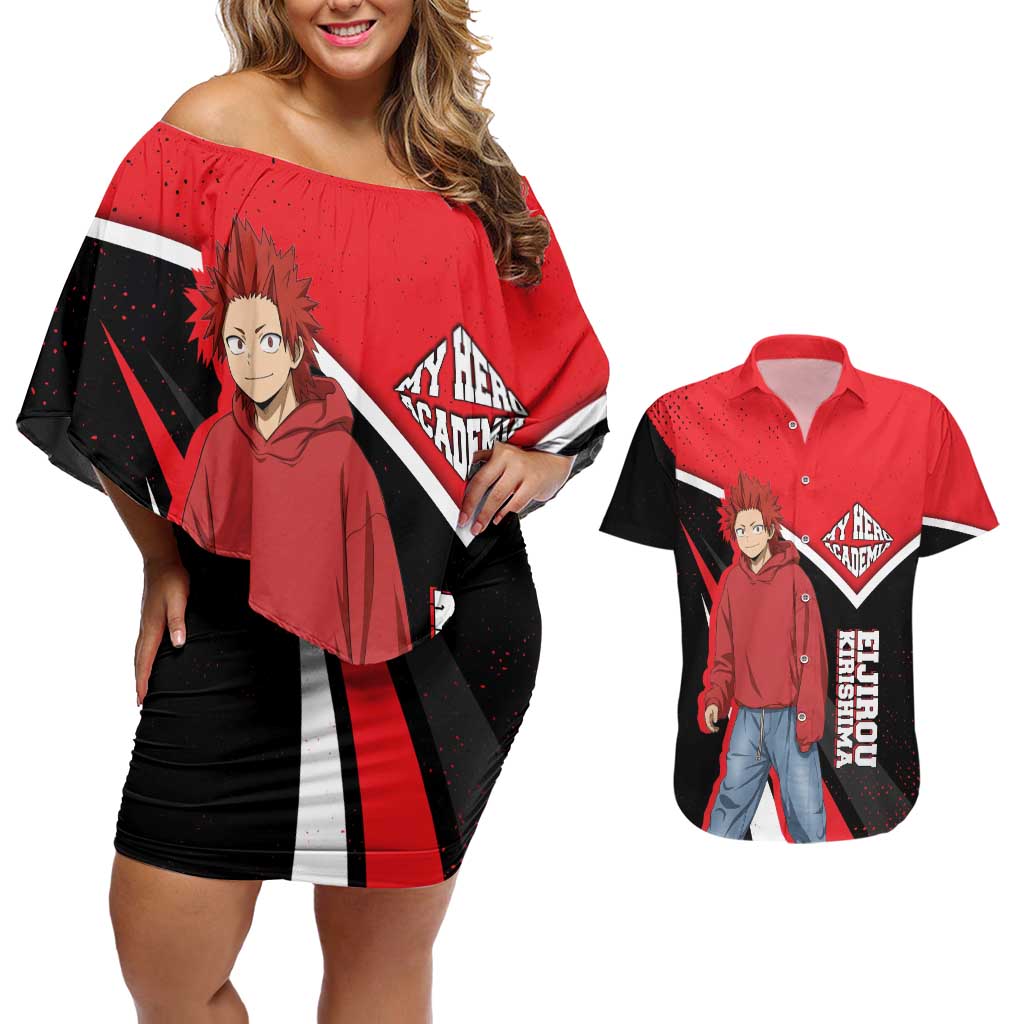 Eijirou Kirishima My Hero Academia Couples Matching Off Shoulder Short Dress and Hawaiian Shirt Bold Comic-Inspired Anime Style