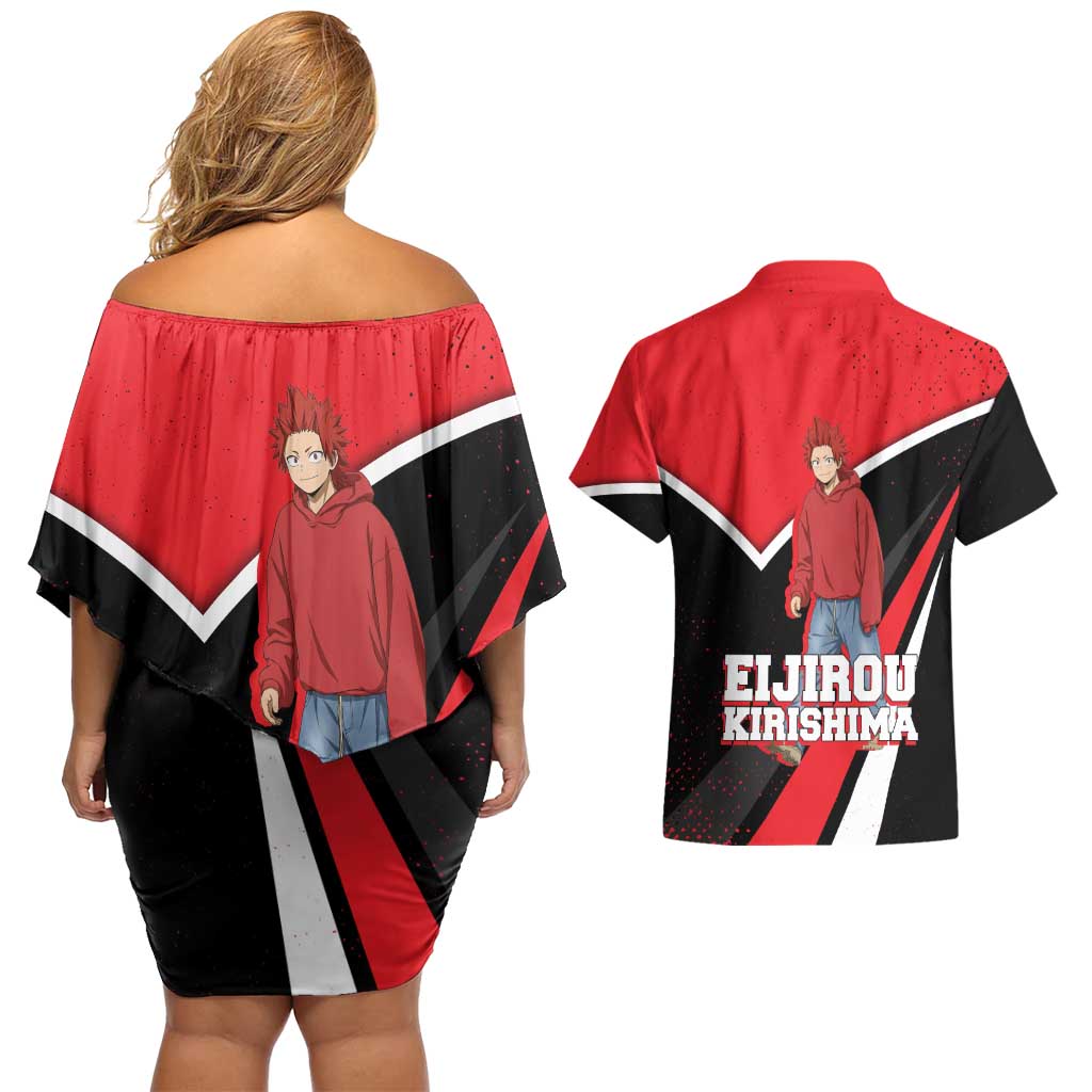 Eijirou Kirishima My Hero Academia Couples Matching Off Shoulder Short Dress and Hawaiian Shirt Bold Comic-Inspired Anime Style