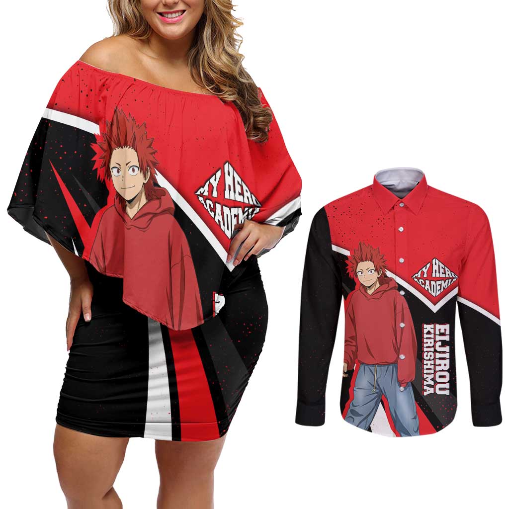Eijirou Kirishima My Hero Academia Couples Matching Off Shoulder Short Dress and Long Sleeve Button Shirt Bold Comic-Inspired Anime Style