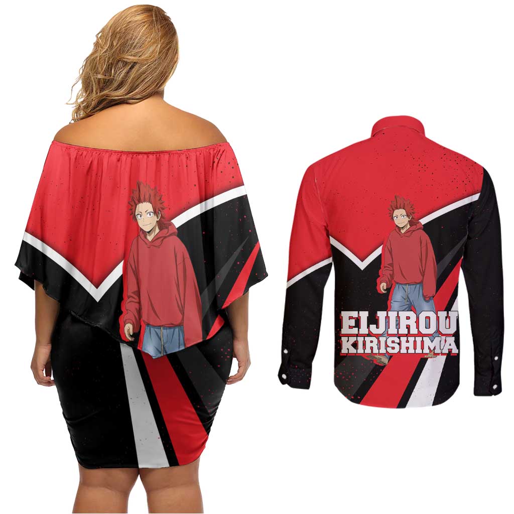 Eijirou Kirishima My Hero Academia Couples Matching Off Shoulder Short Dress and Long Sleeve Button Shirt Bold Comic-Inspired Anime Style