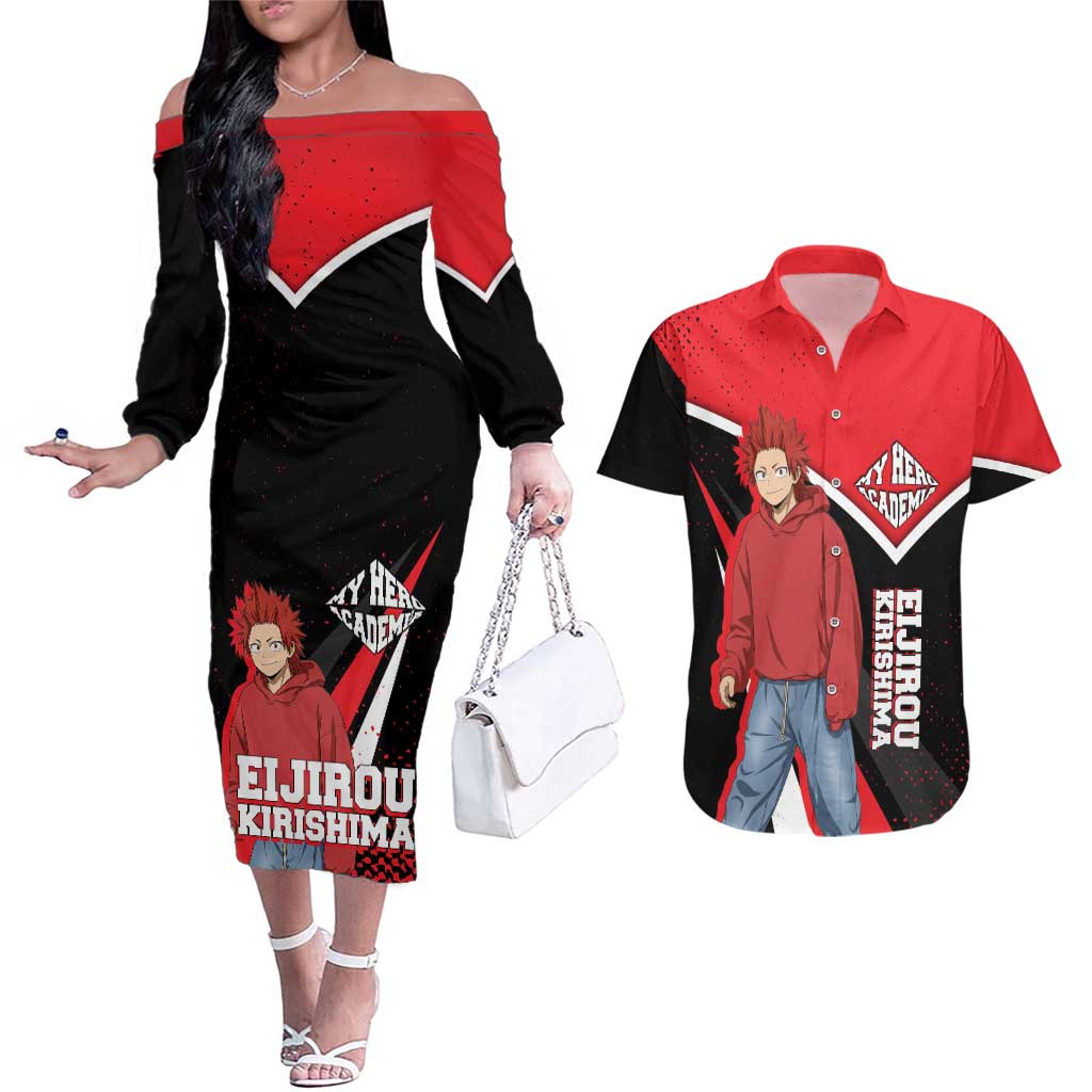 Eijirou Kirishima My Hero Academia Couples Matching Off The Shoulder Long Sleeve Dress and Hawaiian Shirt Bold Comic-Inspired Anime Style