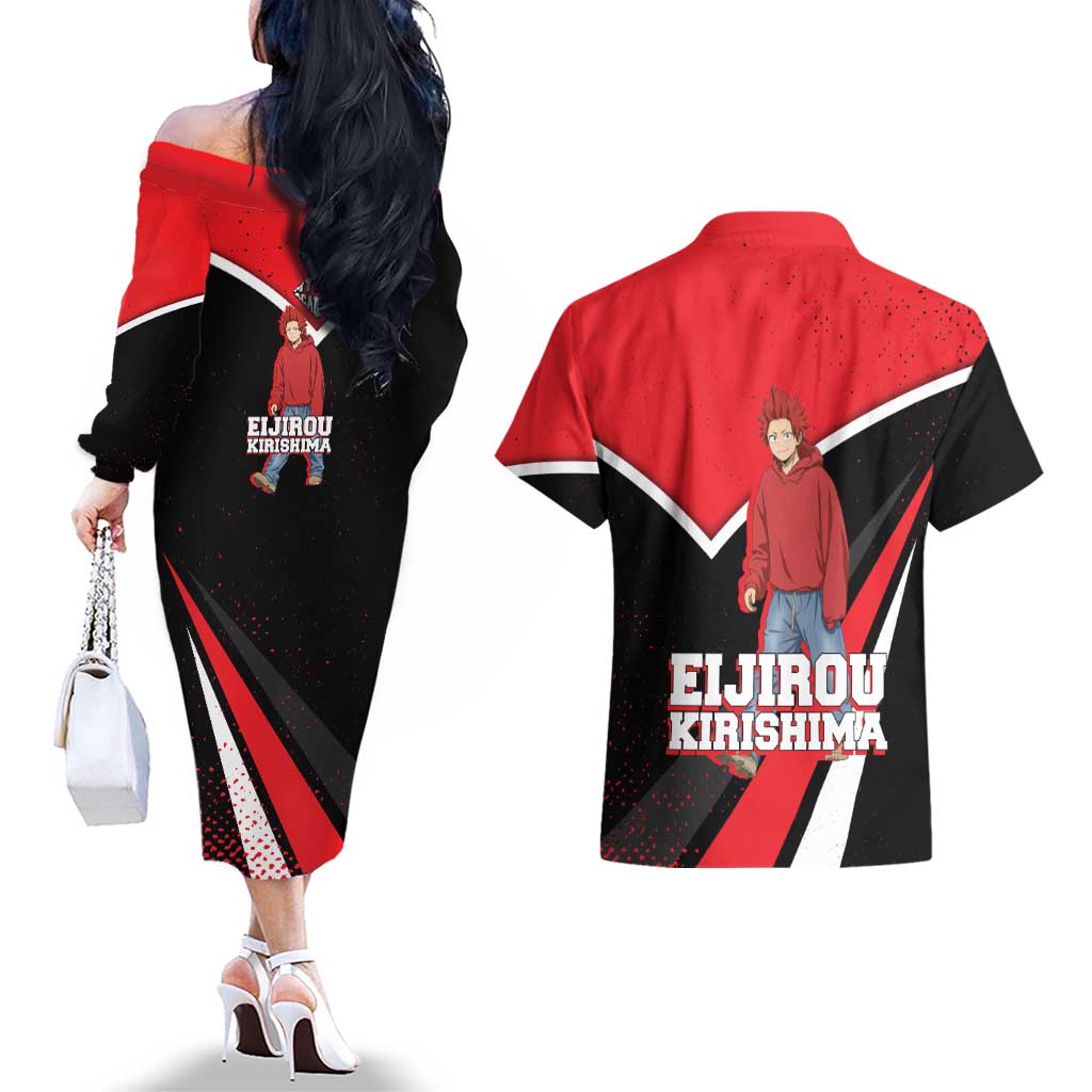Eijirou Kirishima My Hero Academia Couples Matching Off The Shoulder Long Sleeve Dress and Hawaiian Shirt Bold Comic-Inspired Anime Style
