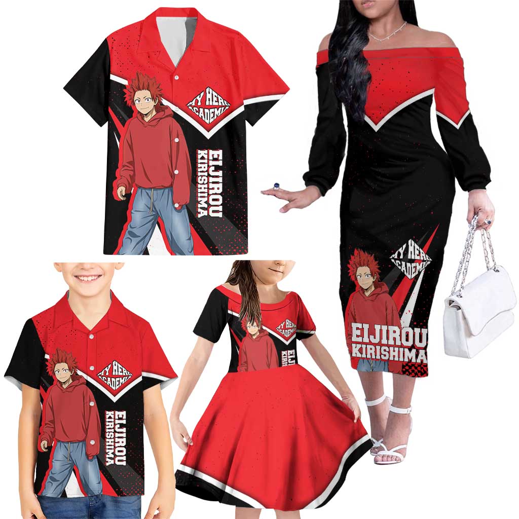 Eijirou Kirishima My Hero Academia Family Matching Off The Shoulder Long Sleeve Dress and Hawaiian Shirt Bold Comic-Inspired Anime Style