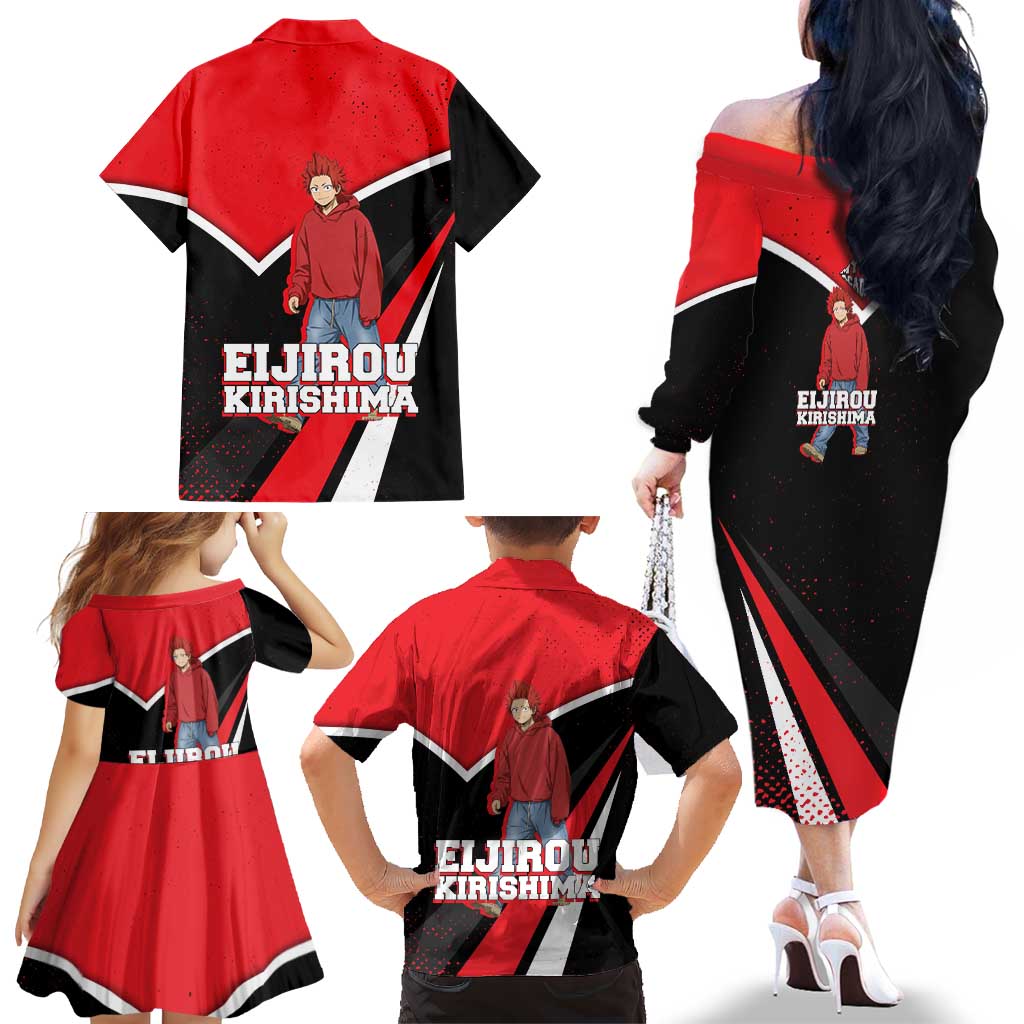 Eijirou Kirishima My Hero Academia Family Matching Off The Shoulder Long Sleeve Dress and Hawaiian Shirt Bold Comic-Inspired Anime Style