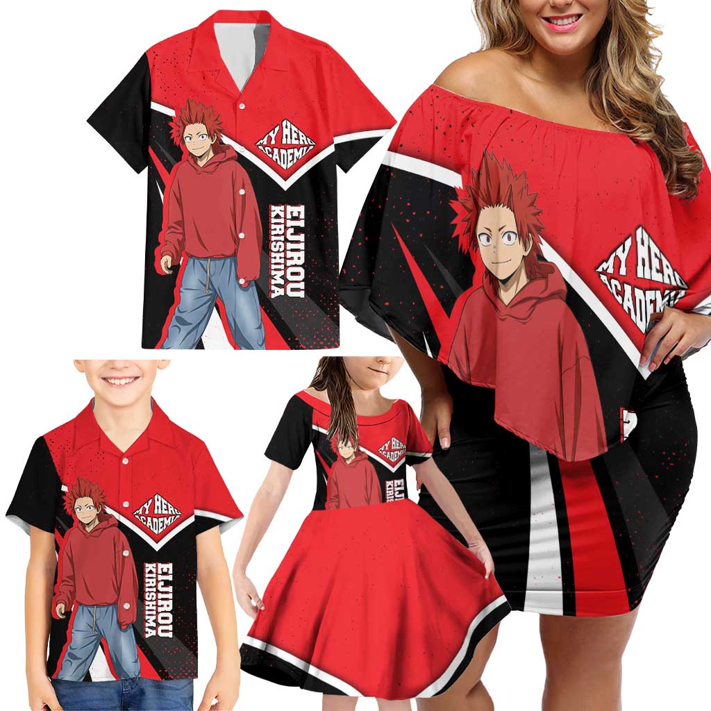 Eijirou Kirishima My Hero Academia Family Matching Off Shoulder Short Dress and Hawaiian Shirt Bold Comic-Inspired Anime Style