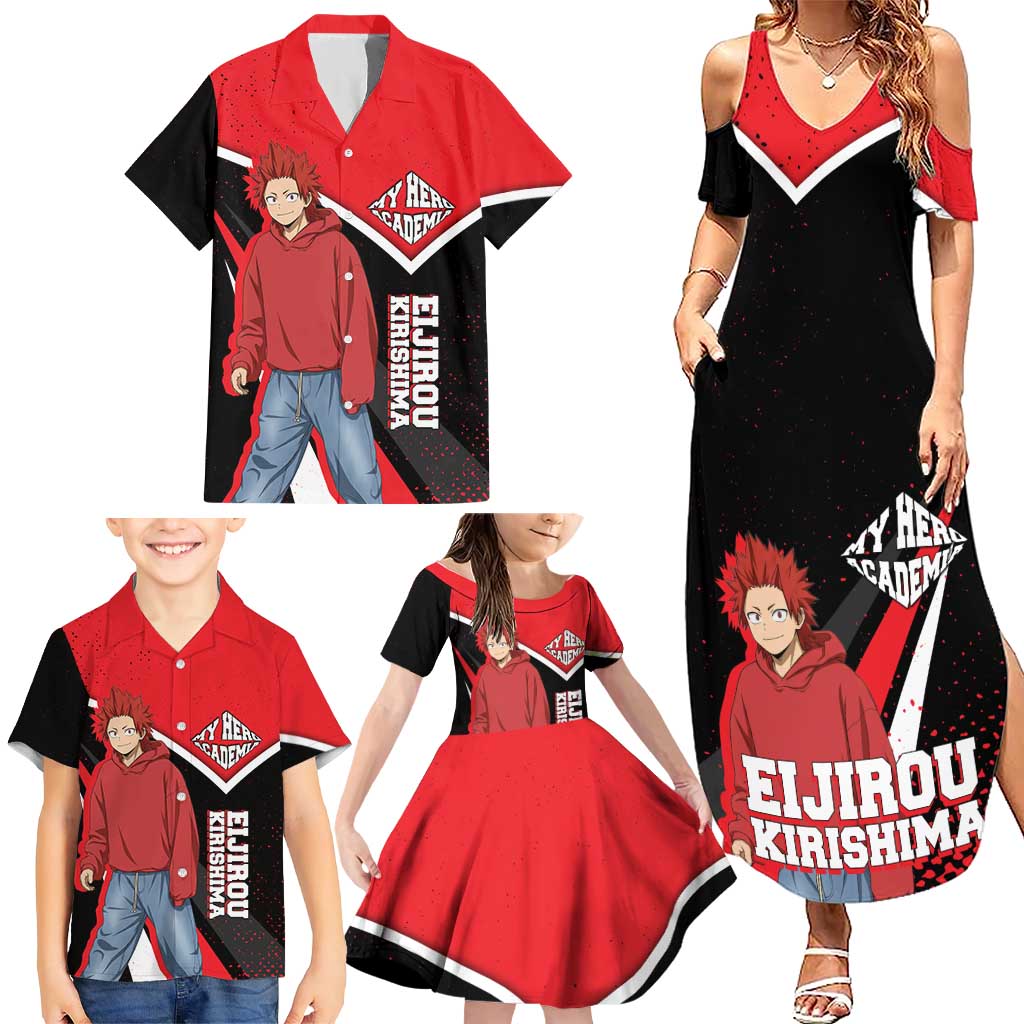 Eijirou Kirishima My Hero Academia Family Matching Summer Maxi Dress and Hawaiian Shirt Bold Comic-Inspired Anime Style