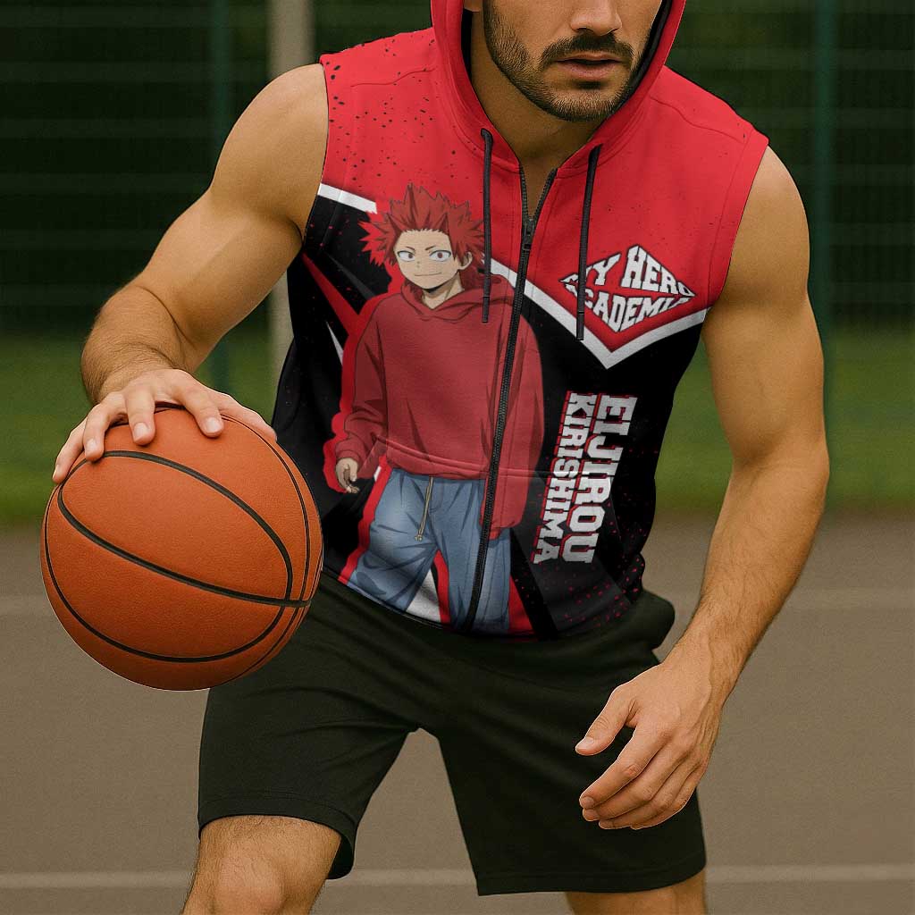 Eijirou Kirishima My Hero Academia Sleeveless Zip Hoodie Bold Comic-Inspired Anime Style