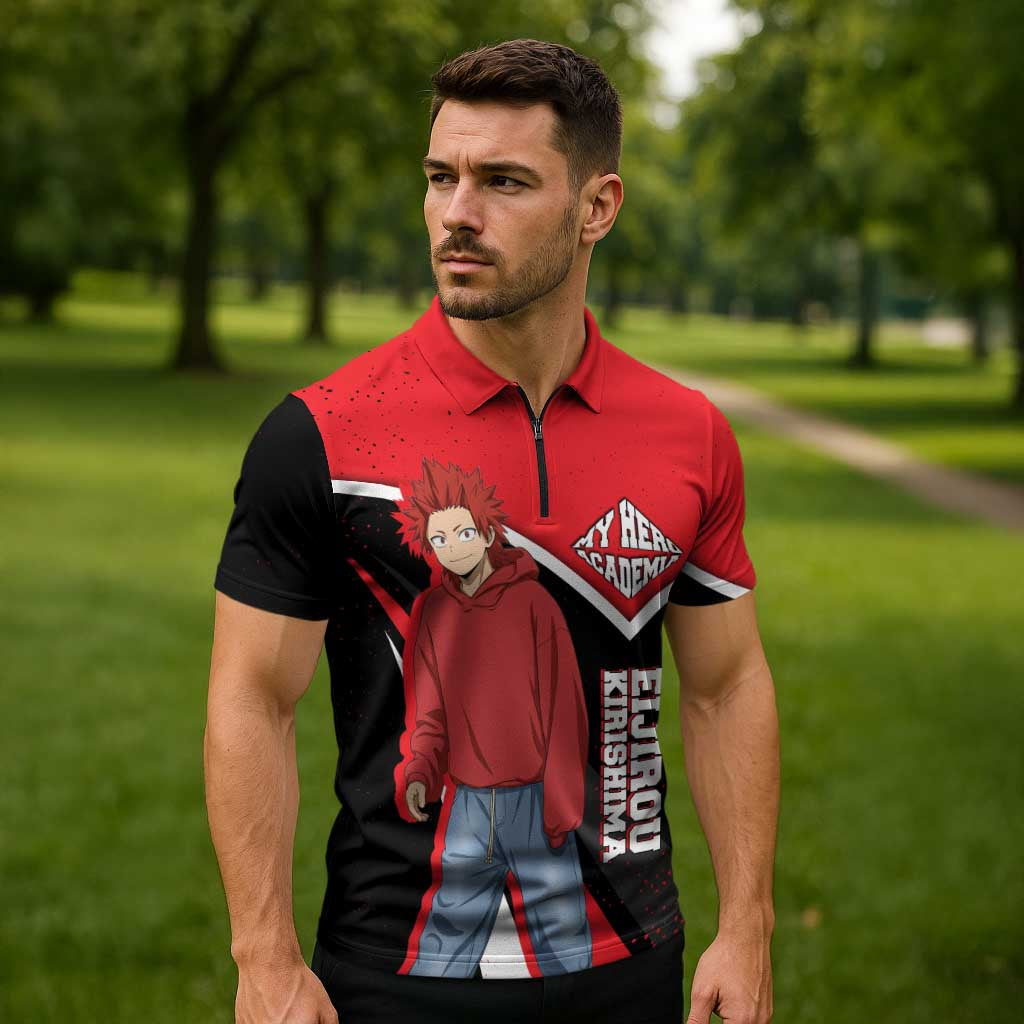Eijirou Kirishima My Hero Academia Zipper Polo Shirt Bold Comic-Inspired Anime Style
