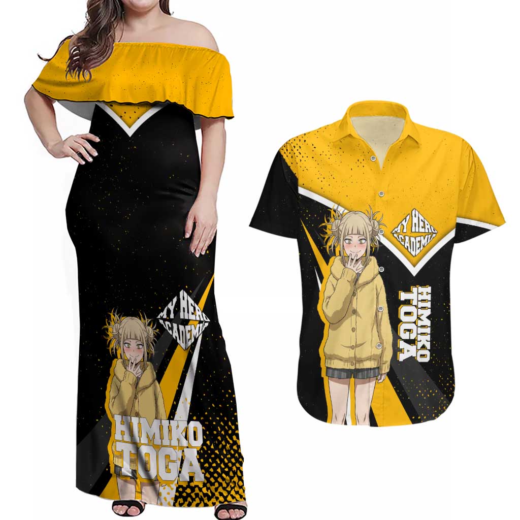 Himiko Toga My Hero Academia Couples Matching Off Shoulder Maxi Dress and Hawaiian Shirt Anime Grunge Splatter Graphic Style