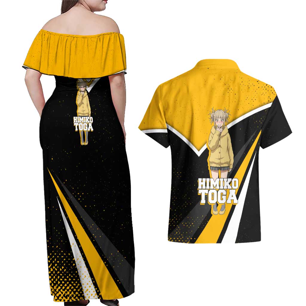 Himiko Toga My Hero Academia Couples Matching Off Shoulder Maxi Dress and Hawaiian Shirt Anime Grunge Splatter Graphic Style