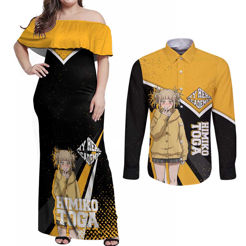 Himiko Toga My Hero Academia Couples Matching Off Shoulder Maxi Dress and Long Sleeve Button Shirt Anime Grunge Splatter Graphic Style