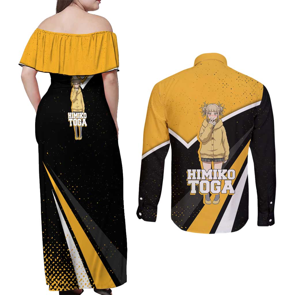 Himiko Toga My Hero Academia Couples Matching Off Shoulder Maxi Dress and Long Sleeve Button Shirt Anime Grunge Splatter Graphic Style
