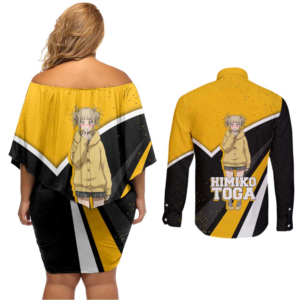 Himiko Toga My Hero Academia Couples Matching Off Shoulder Short Dress and Long Sleeve Button Shirt Anime Grunge Splatter Graphic Style