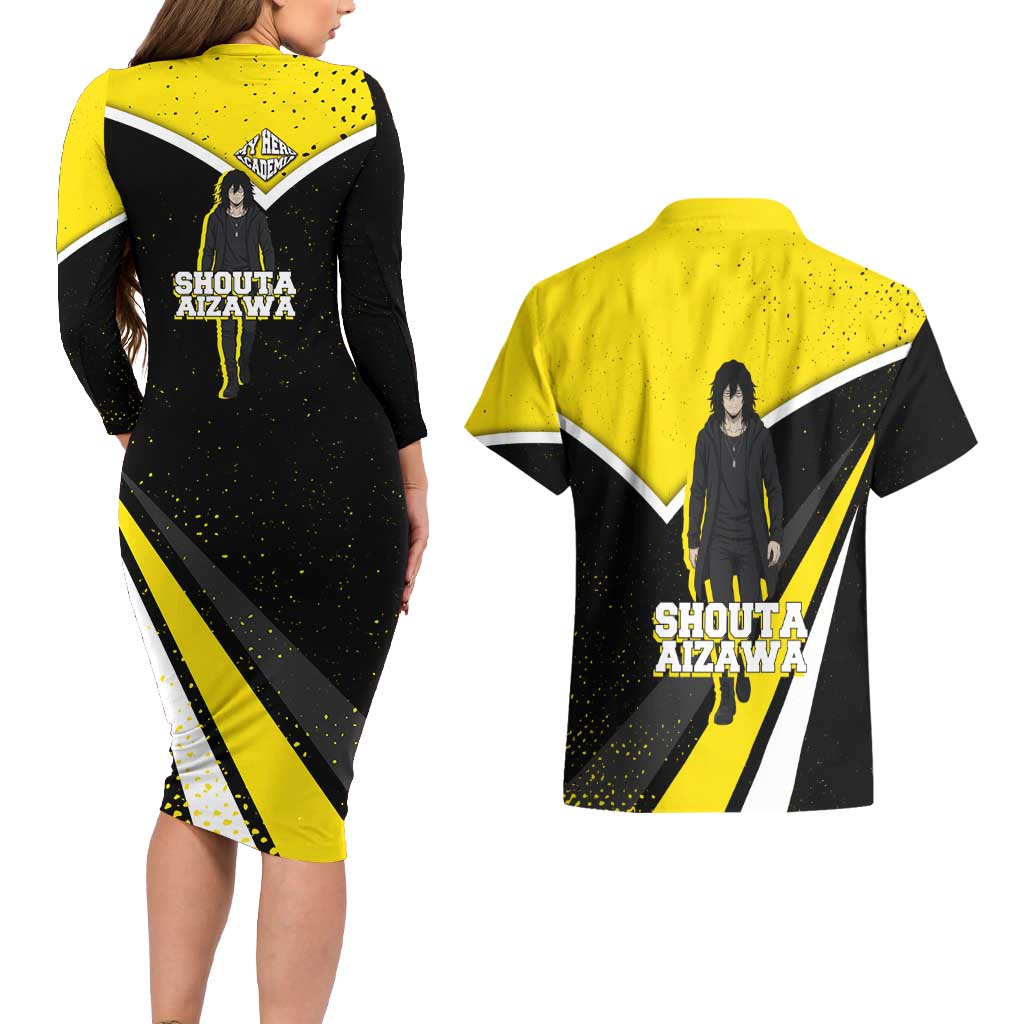 Shouta Aizawa My Hero Academia Couples Matching Long Sleeve Bodycon Dress and Hawaiian Shirt Anime Grunge Splatter Graphic Style