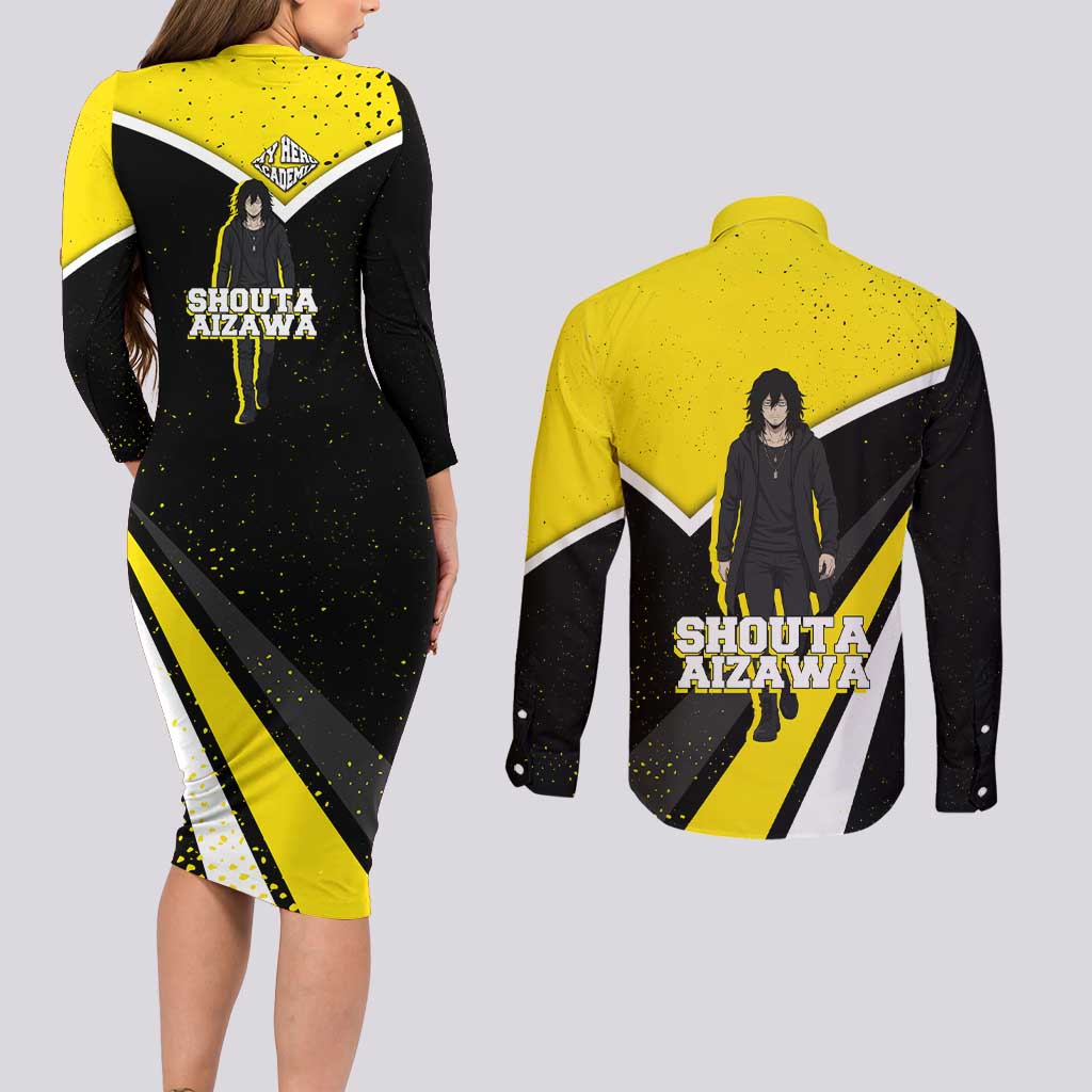 Shouta Aizawa My Hero Academia Couples Matching Long Sleeve Bodycon Dress and Long Sleeve Button Shirt Anime Grunge Splatter Graphic Style