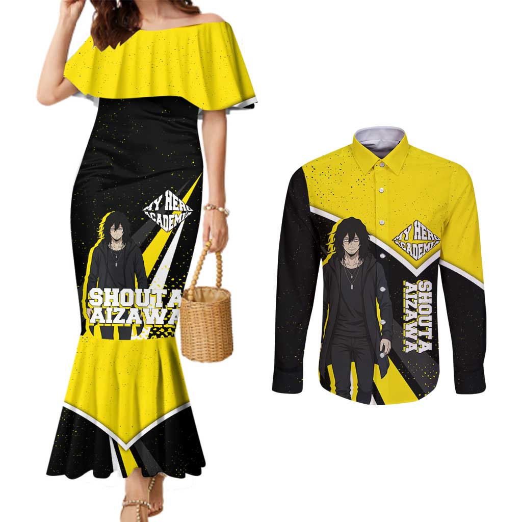 Shouta Aizawa My Hero Academia Couples Matching Mermaid Dress and Long Sleeve Button Shirt Anime Grunge Splatter Graphic Style
