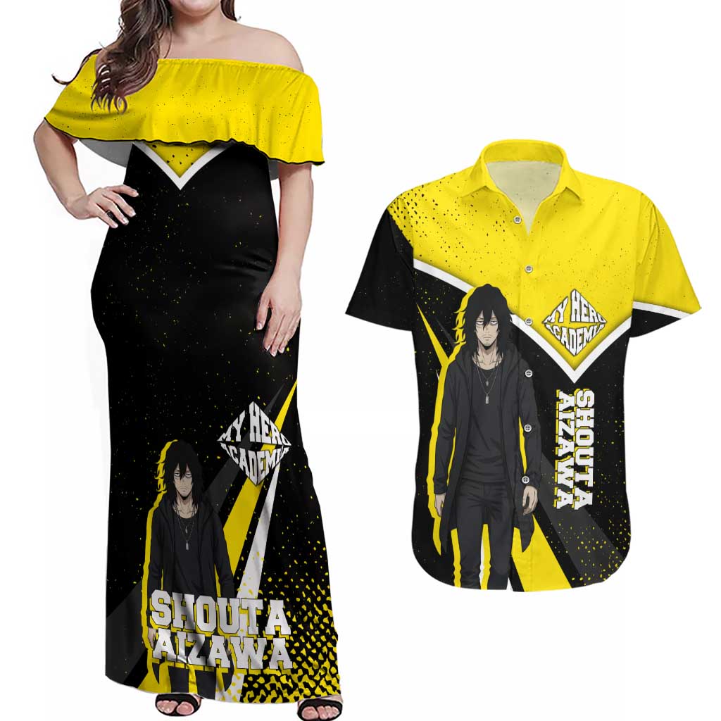 Shouta Aizawa My Hero Academia Couples Matching Off Shoulder Maxi Dress and Hawaiian Shirt Anime Grunge Splatter Graphic Style