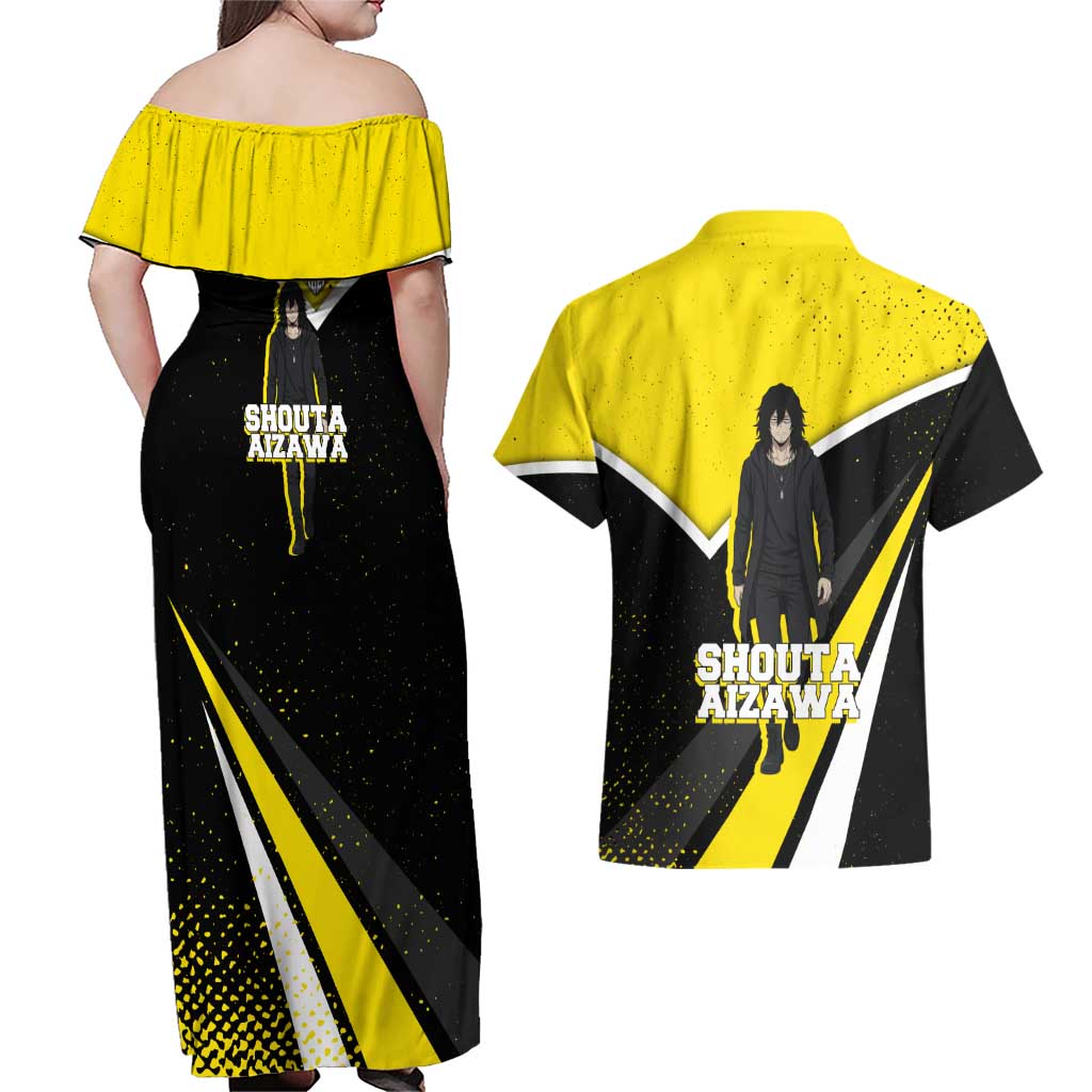 Shouta Aizawa My Hero Academia Couples Matching Off Shoulder Maxi Dress and Hawaiian Shirt Anime Grunge Splatter Graphic Style