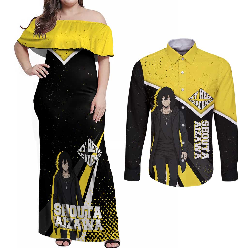 Shouta Aizawa My Hero Academia Couples Matching Off Shoulder Maxi Dress and Long Sleeve Button Shirt Anime Grunge Splatter Graphic Style