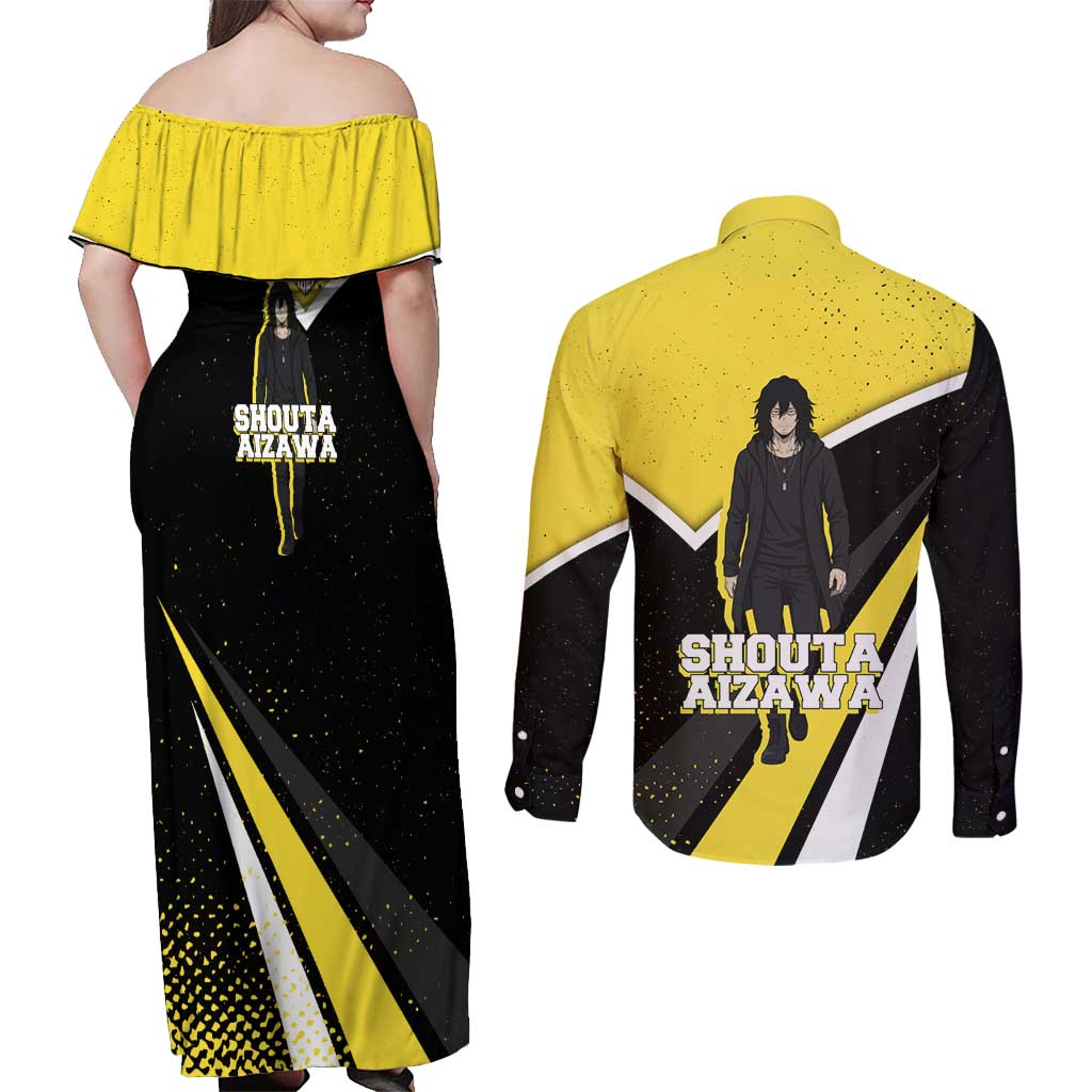 Shouta Aizawa My Hero Academia Couples Matching Off Shoulder Maxi Dress and Long Sleeve Button Shirt Anime Grunge Splatter Graphic Style