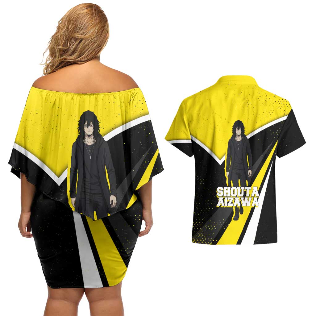 Shouta Aizawa My Hero Academia Couples Matching Off Shoulder Short Dress and Hawaiian Shirt Anime Grunge Splatter Graphic Style