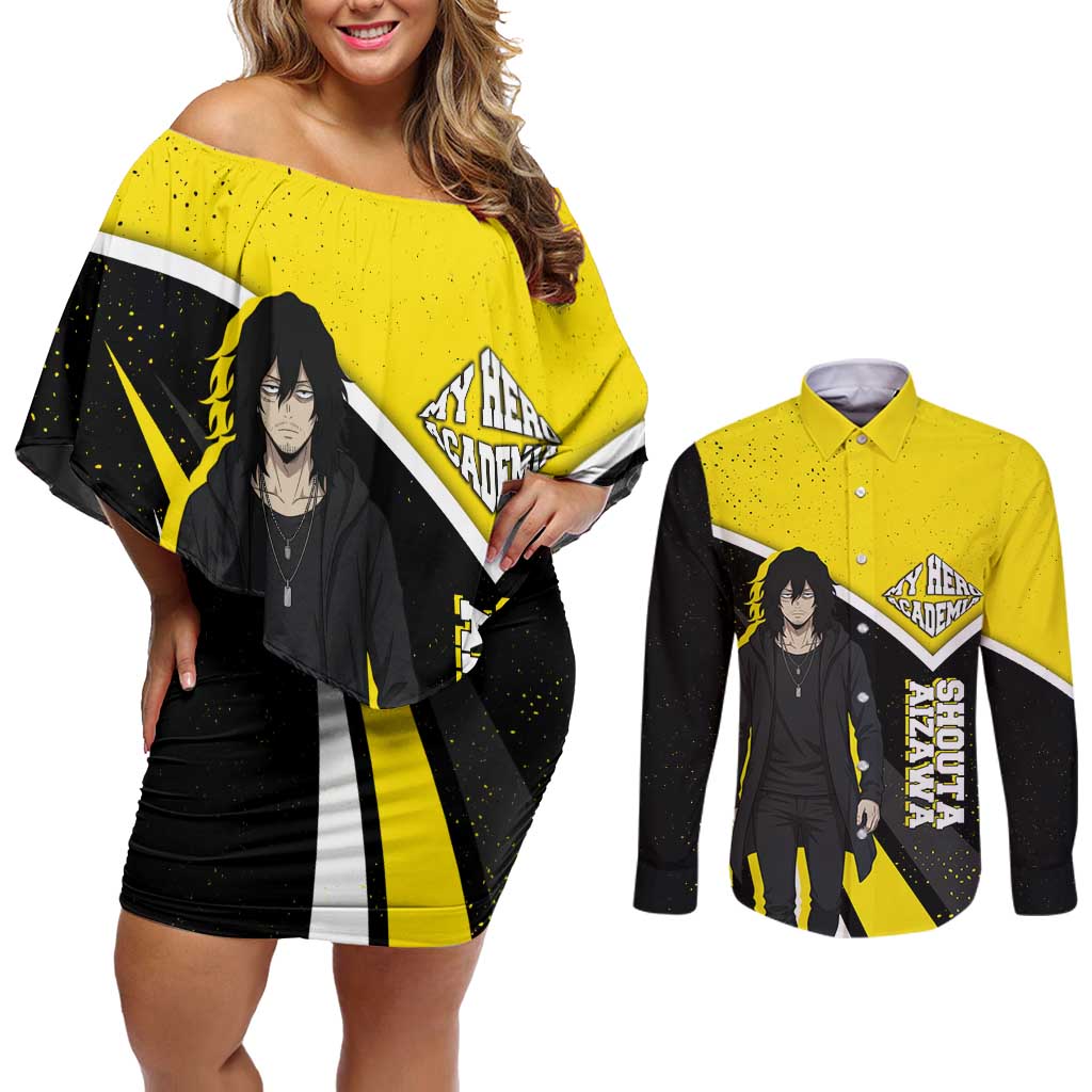 Shouta Aizawa My Hero Academia Couples Matching Off Shoulder Short Dress and Long Sleeve Button Shirt Anime Grunge Splatter Graphic Style