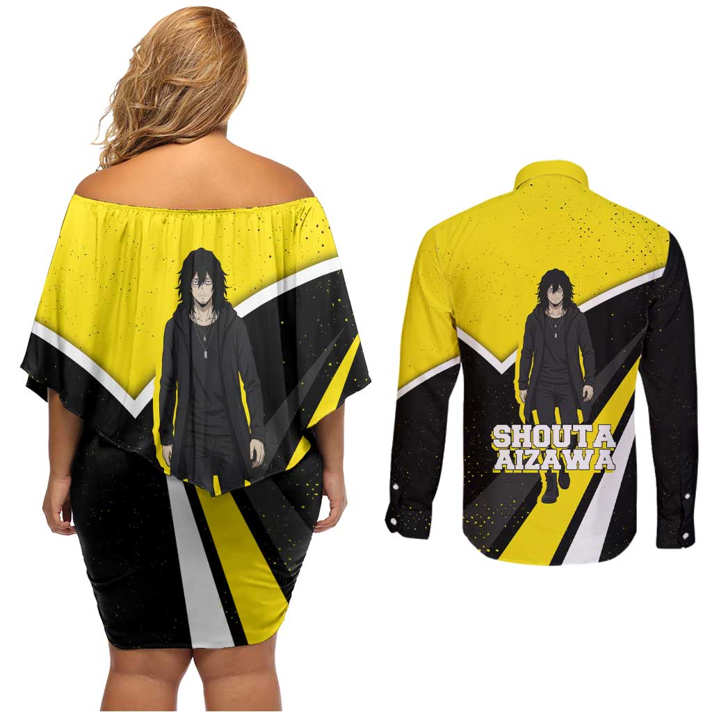 Shouta Aizawa My Hero Academia Couples Matching Off Shoulder Short Dress and Long Sleeve Button Shirt Anime Grunge Splatter Graphic Style
