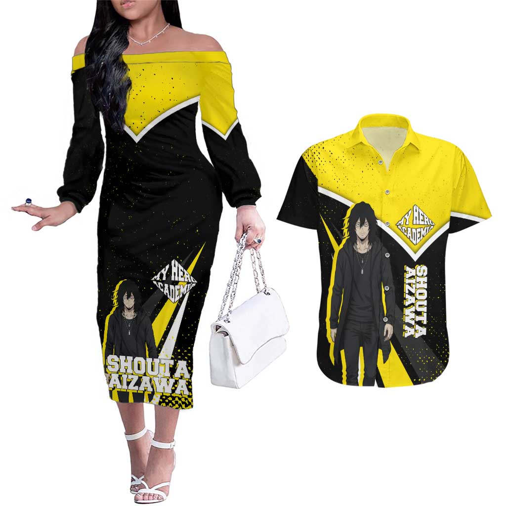 Shouta Aizawa My Hero Academia Couples Matching Off The Shoulder Long Sleeve Dress and Hawaiian Shirt Anime Grunge Splatter Graphic Style